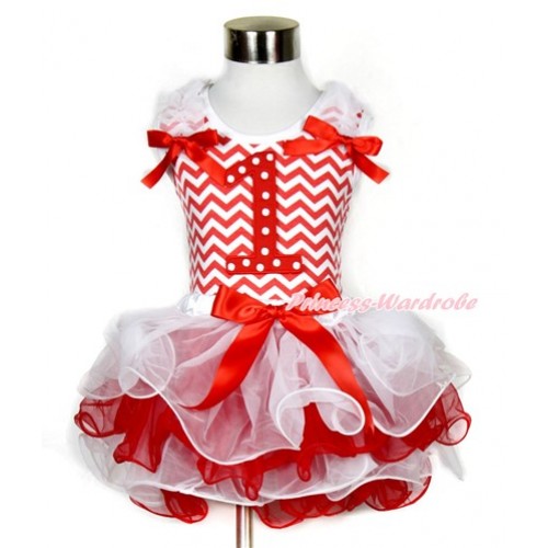 Xmas Red White Wave Baby Pettitop with White Ruffles & Red Bow & 1st Red White Dots Birthday Number Print with Red Bow White Red Petal Baby Pettiskirt BG081 